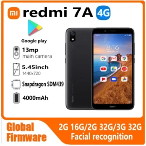 xiaomi smartphone redmi 7a, micrologiciel global, 4g, 5.45 pouces, 1440 × 720, 13mp, qualcomm snapdragon 439, reconnaissance qualifiée ale, téléphone d'occasion