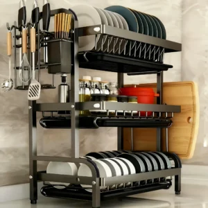 grand égouttoir à vaisselle vertical à 2 3 niveaux/support à ustensiles, égouttoir de cuisine avec système de drainage rapide, support pour couteaux et fourchettes, rangement pour planches à découper, séchoir à vaisselle organisateur d'ustensiles multifonctionnel en acier au carbone robuste, adapté aux bols, assiettes et ustensiles de cuisine Égouttoir à vaisselle moderne en métal, gain de place, pour comptoir ou placard, design minimaliste, construction robuste, idéal pour les petites cuisines, séchoir à vaisselle après lavage, égouttoir à vaisselle