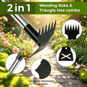 1 houe de jardinage robuste manche extra long de 60 pouces, râteau et houe multifonction pour désherber et creuser, convient aux activités de jardinage dans les cours, les pelouses, les potagers et les jardins, outil d'extraction des racines, robuste et durable