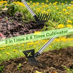 1 houe de jardinage robuste manche extra long de 60 pouces, râteau et houe multifonction pour désherber et creuser, convient aux activités de jardinage dans les cours, les pelouses, les potagers et les jardins, outil d'extraction des racines, robuste et durable