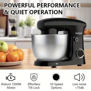 robot culinaire 3 en 1, mélangeur inclinable 10 vitesses avec bouton pulse, incluant bol en acier inoxydable de 5,5 l, crochet à pâte, mélangeur, batteur à Œufs, spatule
