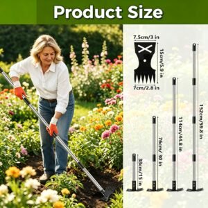 1 houe de jardinage robuste manche extra long de 60 pouces, râteau et houe multifonction pour désherber et creuser, convient aux activités de jardinage dans les cours, les pelouses, les potagers et les jardins, outil d'extraction des racines, robuste et durable
