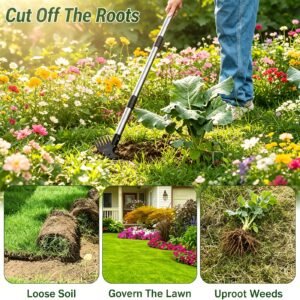 1 houe de jardinage robuste manche extra long de 60 pouces, râteau et houe multifonction pour désherber et creuser, convient aux activités de jardinage dans les cours, les pelouses, les potagers et les jardins, outil d'extraction des racines, robuste et durable