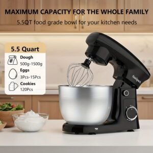 robot culinaire 3 en 1, mélangeur inclinable 10 vitesses avec bouton pulse, incluant bol en acier inoxydable de 5,5 l, crochet à pâte, mélangeur, batteur à Œufs, spatule