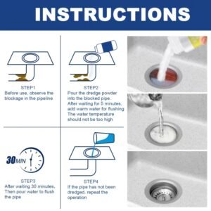 poudre déboucheur puissante outil déboucheur de canalisations toutes situations, dissout rapidement cheveux et graisse, déodorise et empêche les obstructions, convient pour cuisine, salle de bain, toilettes