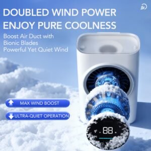 double débit d'air pour une fraîcheur pure, refroidisseur de bureau à refroidissement semi conducteur et ventilateur humidificateur portable à brume glacée convient aux maisons et cuisines. avec plusieurs vitesses de vent et trois modes de pulvérisation, ses pales de ventilateur bioniques