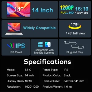 14 pouces fhd ips lcd double moniteur de jeu portable rétro éclairé double triple extension d'écran haute définition pour une productivité améliorée