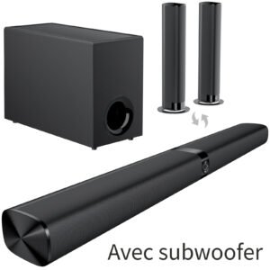 barre de son avec caisson de basses, barre de son pour téléviseur intelligent, avec basses profondes, amplification du volume et 3 modes d'égaliseur, connexion sans fil/arc/opt/aux, barre de son amovible avec télécommande infrarouge