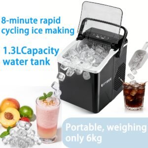 machine à glaçons, réservoir d'eau de 1,3 litre, peut faire 9 glaçons en 6 minutes, produit 12 kg de glaçons en 24 heures, deux tailles de glaçons différentes ! idéal pour les petites fêtes, la maison et le camping en plein air.