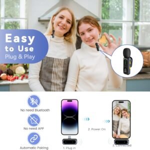 microphone lavalier sans fil radio clair mini micro pour iphone lightning pour android pour téléphone caméra ordinateur portable, micro double Épaulette avec prise usb c/3.5mm pour enregistrement vidéo, podcast enseignement réunion synchronisation automatique et réduction du bruit