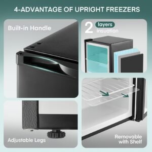 mini congélateur silencieux 32l avec porte réversible et 7 réglages de température congélateur sur table vertical compact pour maison, dortoir, bureau, appartement, acier inoxydable 304, refroidissement efficace pour petits espaces (noir/blanc)