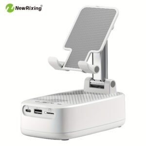 newrixing haut parleur sans fil 6w avec support téléphone, appairage double tws, batterie 1800mah, appel mains libres, power bank portable, 6 heures d'autonomie, qualité sonore hi fi, stéréo puissant & basses profondes, chargement usb c, utilisation intérieur/extérieur, support réglable