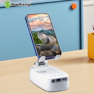 newrixing haut parleur sans fil 6w avec support téléphone, appairage double tws, batterie 1800mah, appel mains libres, power bank portable, 6 heures d'autonomie, qualité sonore hi fi, stéréo puissant & basses profondes, chargement usb c, utilisation intérieur/extérieur, support réglable