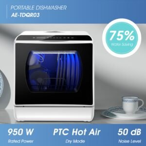 lave vaisselle de comptoir portable mini, programmes de lavage multiples, réservoir d'eau intégré 5l, connexion possible à un tuyau d'eau, ventilation et séchage automatiques, nettoyage à haute température, idéal pour la maison, petit appartement et usage en camping car