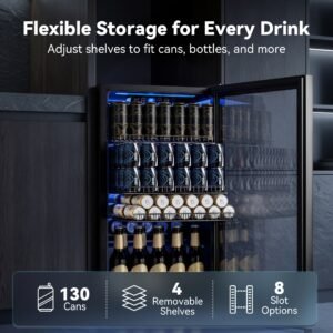 glacière à boissons 95 l avec porte en verre, réfrigérateur compact pour jusqu'à 130 canettes, étagères réglables pour bière, vin et soda, idéal pour la maison, le bar, le bureau et l'appartement