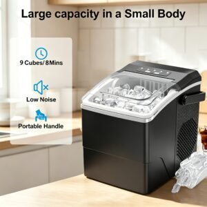 machine à glaçons, réservoir d'eau de 1,3 litre, peut faire 9 glaçons en 6 minutes, produit 12 kg de glaçons en 24 heures, deux tailles de glaçons différentes ! idéal pour les petites fêtes, la maison et le camping en plein air.