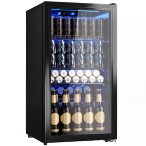 glacière à boissons 95 l avec porte en verre, réfrigérateur compact pour jusqu'à 130 canettes, étagères réglables pour bière, vin et soda, idéal pour la maison, le bar, le bureau et l'appartement