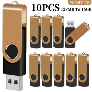 10 pièces clés usb 2.0 dorées à rotation rapide, capacités de 128mb/256mb/512mb/4gb/16gb, idéales pour stockage sur ordinateur et pc portable, cadeau professionnel