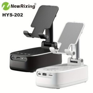 newrixing haut parleur sans fil 6w avec support téléphone, appairage double tws, batterie 1800mah, appel mains libres, power bank portable, 6 heures d'autonomie, qualité sonore hi fi, stéréo puissant & basses profondes, chargement usb c, utilisation intérieur/extérieur, support réglable