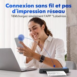 imprimante thermique sans encre portable d810b, imprimante sans fil voyage, compatible papier thermique a4 et us letter, pour téléphone portable et ordinateur, idéale pour bureau, voyage, maison et entreprise