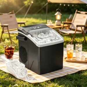 machine à glaçons, réservoir d'eau de 1,3 litre, peut faire 9 glaçons en 6 minutes, produit 12 kg de glaçons en 24 heures, deux tailles de glaçons différentes ! idéal pour les petites fêtes, la maison et le camping en plein air.