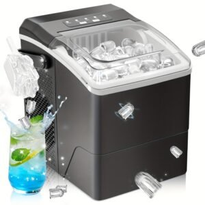 machine à glaçons, réservoir d'eau de 1,3 litre, peut faire 9 glaçons en 6 minutes, produit 12 kg de glaçons en 24 heures, deux tailles de glaçons différentes ! idéal pour les petites fêtes, la maison et le camping en plein air.