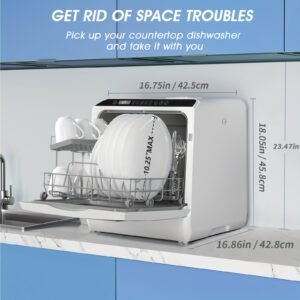 lave vaisselle de comptoir portable mini, programmes de lavage multiples, réservoir d'eau intégré 5l, connexion possible à un tuyau d'eau, ventilation et séchage automatiques, nettoyage à haute température, idéal pour la maison, petit appartement et usage en camping car
