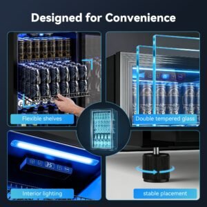 glacière à boissons 95 l avec porte en verre, réfrigérateur compact pour jusqu'à 130 canettes, étagères réglables pour bière, vin et soda, idéal pour la maison, le bar, le bureau et l'appartement