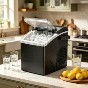 machine à glaçons, réservoir d'eau de 1,3 litre, peut faire 9 glaçons en 6 minutes, produit 12 kg de glaçons en 24 heures, deux tailles de glaçons différentes ! idéal pour les petites fêtes, la maison et le camping en plein air.