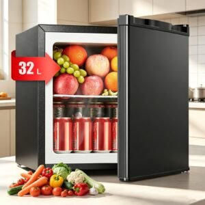 mini congélateur silencieux 32l avec porte réversible et 7 réglages de température congélateur sur table vertical compact pour maison, dortoir, bureau, appartement, acier inoxydable 304, refroidissement efficace pour petits espaces (noir/blanc)