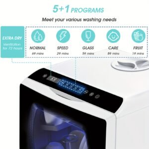 lave vaisselle de comptoir portable mini, programmes de lavage multiples, réservoir d'eau intégré 5l, connexion possible à un tuyau d'eau, ventilation et séchage automatiques, nettoyage à haute température, idéal pour la maison, petit appartement et usage en camping car