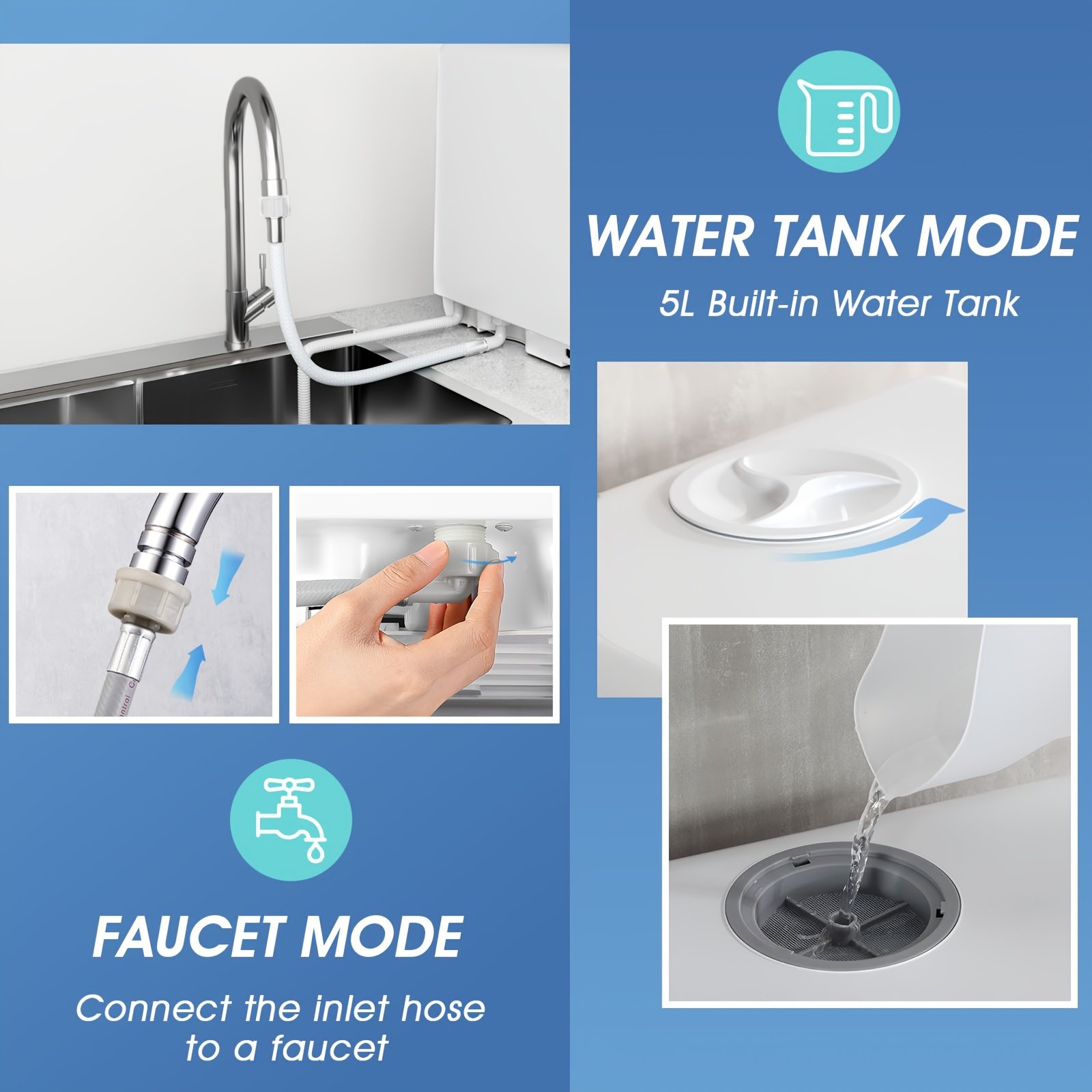 lave vaisselle de comptoir portable mini, programmes de lavage multiples, réservoir d'eau intégré 5l, connexion possible à un tuyau d'eau, ventilation et séchage automatiques, nettoyage à haute température, idéal pour la maison, petit appartement et usage en camping car lave vaisselle de comptoir portable mini, programmes de lavage multiples, réservoir d'eau intégré 5l, connexion possible à un tuyau d'eau, ventilation et séchage automatiques, nettoyage à haute température, idéal pour la maison, petit appartement et usage en camping car