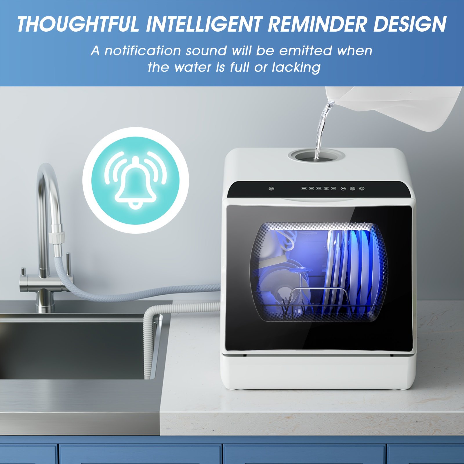 lave vaisselle de comptoir portable mini, programmes de lavage multiples, réservoir d'eau intégré 5l, connexion possible à un tuyau d'eau, ventilation et séchage automatiques, nettoyage à haute température, idéal pour la maison, petit appartement et usage en camping car lave vaisselle de comptoir portable mini, programmes de lavage multiples, réservoir d'eau intégré 5l, connexion possible à un tuyau d'eau, ventilation et séchage automatiques, nettoyage à haute température, idéal pour la maison, petit appartement et usage en camping car