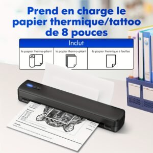 imprimante thermique sans encre portable d810b, imprimante sans fil voyage, compatible papier thermique a4 et us letter, pour téléphone portable et ordinateur, idéale pour bureau, voyage, maison et entreprise