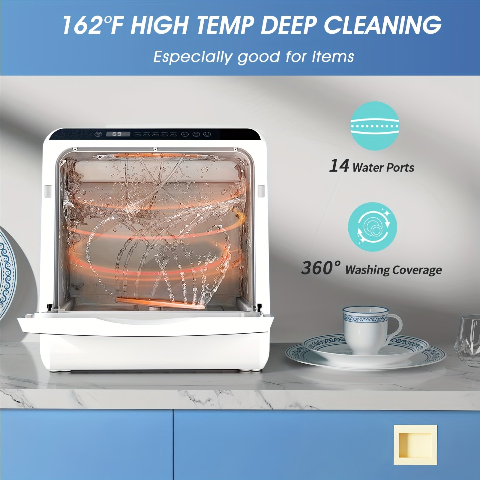 lave vaisselle de comptoir portable mini, programmes de lavage multiples, réservoir d'eau intégré 5l, connexion possible à un tuyau d'eau, ventilation et séchage automatiques, nettoyage à haute température, idéal pour la maison, petit appartement et usage en camping car lave vaisselle de comptoir portable mini, programmes de lavage multiples, réservoir d'eau intégré 5l, connexion possible à un tuyau d'eau, ventilation et séchage automatiques, nettoyage à haute température, idéal pour la maison, petit appartement et usage en camping car