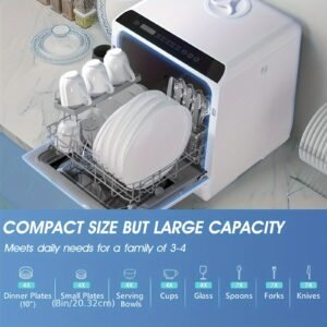 lave vaisselle de comptoir portable mini, programmes de lavage multiples, réservoir d'eau intégré 5l, connexion possible à un tuyau d'eau, ventilation et séchage automatiques, nettoyage à haute température, idéal pour la maison, petit appartement et usage en camping car