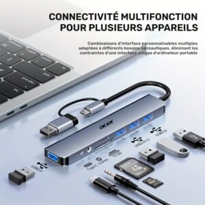 station d'extension usb c 8 en 1 avec double interface usb c/usb, vitesse 480 mbps, double ports usb c type c/usb c, hub usb c hy41 t8 pour acer