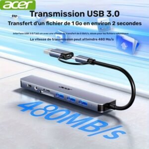 station d'extension usb c 8 en 1 avec double interface usb c/usb, vitesse 480 mbps, double ports usb c type c/usb c, hub usb c hy41 t8 pour acer