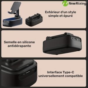 newrixing haut parleur sans fil 6w avec support téléphone, appairage double tws, batterie 1800mah, appel mains libres, power bank portable, 6 heures d'autonomie, qualité sonore hi fi, stéréo puissant & basses profondes, chargement usb c, utilisation intérieur/extérieur, support réglable
