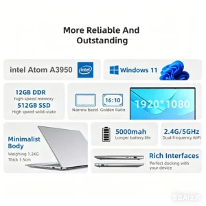 ordinateur portable xiaman ultra fin windows 11, 14,1 pouces, 12 go de ram, 1 to de ssd, processeur intel atom a3950, écran 1920*1080, ordinateur de bureau et d'étude