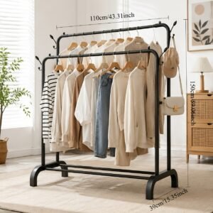 portant vêtements métallique autoportant à double barre avec crochets latéraux, base en u stable, lourd, organisateur de vêtements multifonctionnel pour chambre, placard, entrée, buanderie