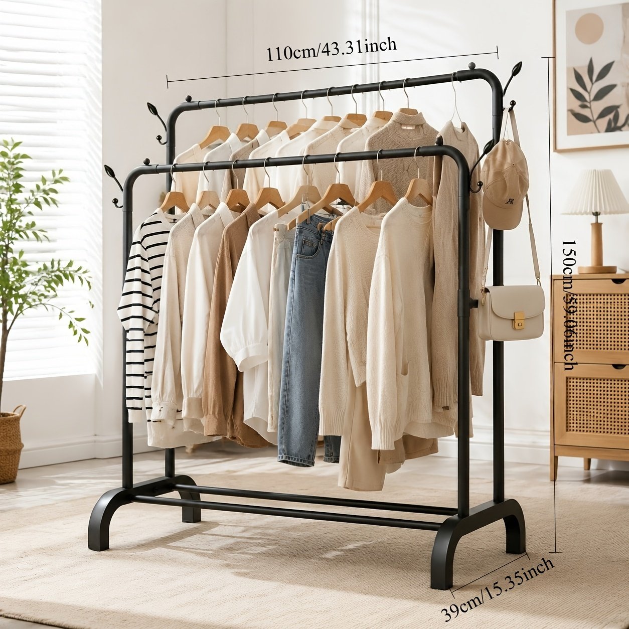 portant vêtements métallique autoportant à double barre avec crochets latéraux, base en u stable, lourd, organisateur de vêtements multifonctionnel pour chambre, placard, entrée, buanderie portant vêtements métallique autoportant à double barre avec crochets latéraux, base en u stable, lourd, organisateur de vêtements multifonctionnel pour chambre, placard, entrée, buanderie