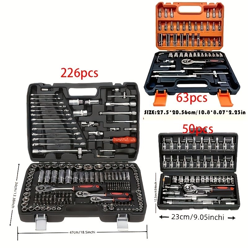 ensemble d’outils de réparation automobile 50/63/226 pièces, clé à cliquet, douilles sae métriques 1/2", 1/4", 3/8", outils professionnels pour ingénieurs, adapté aux projets, maison, garage, entretien et réparation de véhicules, outils d’urgence routière ensemble d’outils de réparation automobile 50/63/226 pièces, clé à cliquet, douilles sae métriques 1/2", 1/4", 3/8", outils professionnels pour ingénieurs, adapté aux projets, maison, garage, entretien et réparation de véhicules, outils d’urgence routière