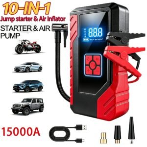 alimentation de démarrage d'urgence portable 15000a, chargeur de batterie de voiture 14,8v, pompe à air en option, démarreur d'urgence, modes multiples, accessoires et outils d'alimentation de démarrage, avec sorties usb type c et usb, charge rapide