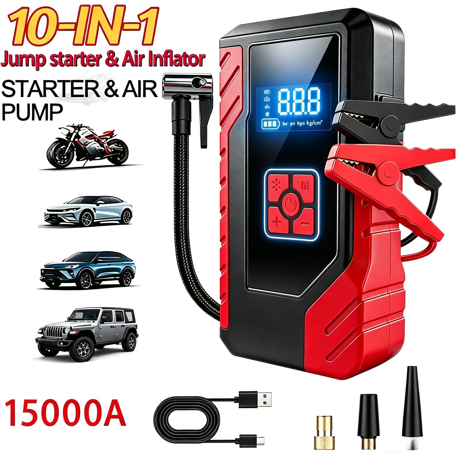 alimentation de démarrage d'urgence portable 15000a, chargeur de batterie de voiture 14,8v, pompe à air en option, démarreur d'urgence, modes multiples, accessoires et outils d'alimentation de démarrage, avec sorties usb type c et usb, charge rapide alimentation de démarrage d'urgence portable 15000a, chargeur de batterie de voiture 14,8v, pompe à air en option, démarreur d'urgence, modes multiples, accessoires et outils d'alimentation de démarrage, avec sorties usb type c et usb, charge rapide