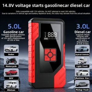 alimentation de démarrage d'urgence portable 15000a, chargeur de batterie de voiture 14,8v, pompe à air en option, démarreur d'urgence, modes multiples, accessoires et outils d'alimentation de démarrage, avec sorties usb type c et usb, charge rapide