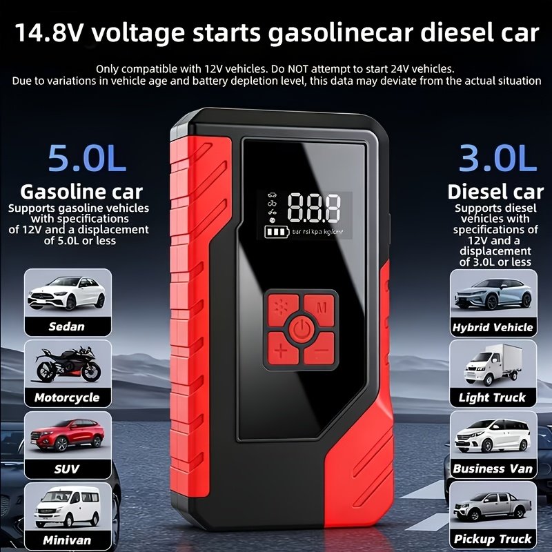 alimentation de démarrage d'urgence portable 15000a, chargeur de batterie de voiture 14,8v, pompe à air en option, démarreur d'urgence, modes multiples, accessoires et outils d'alimentation de démarrage, avec sorties usb type c et usb, charge rapide alimentation de démarrage d'urgence portable 15000a, chargeur de batterie de voiture 14,8v, pompe à air en option, démarreur d'urgence, modes multiples, accessoires et outils d'alimentation de démarrage, avec sorties usb type c et usb, charge rapide