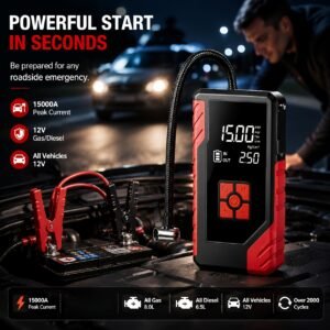 alimentation de démarrage d'urgence portable 15000a, chargeur de batterie de voiture 14,8v, pompe à air en option, démarreur d'urgence, modes multiples, accessoires et outils d'alimentation de démarrage, avec sorties usb type c et usb, charge rapide