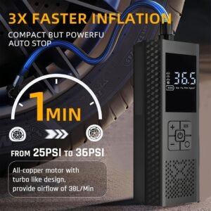 compresseur d'air portable 150 psi avec manomètre et affichage led gonfleur de pneus sans fil intelligent à une touche 3 fois plus rapide, alimenté usb, batterie rechargeable