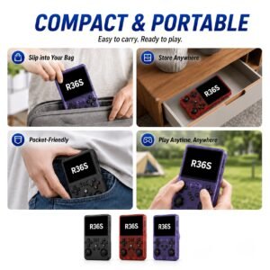 mini console numérique r36s, écran de 8,89 cm, conception légère, chargement type c, boutons de commande doubles, longue autonomie de batterie 3500 mah, équipée d'un stockage de 128 go